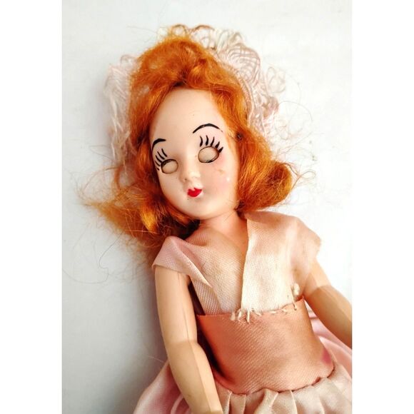 Vintage 1950s 6 Inch Hard Plastic Doll with Sleep Eyes, Pink Dress - Picture 3 of 4